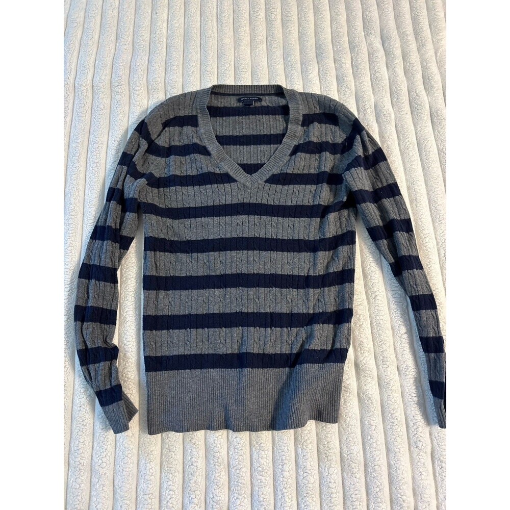 Tommy Hilfiger Cable Knit V Neck Sweater Women’s Large Blue Gray Preppy Academia